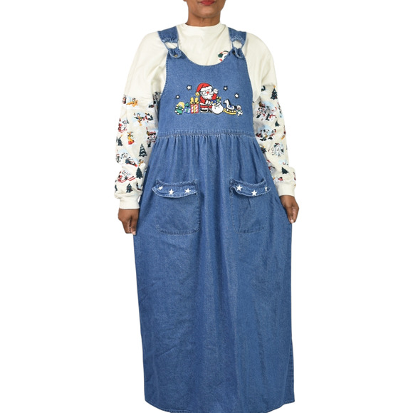 Vintage Christmas Dress Blue Jean Pinafore Bib Overall Jumper Santa Maxi Small - Picture 13 of 13